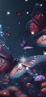 Butterflies flutter over luminescent flora in a mystical nightscape wallpaper.