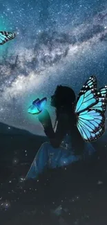 Silhouette with glowing blue butterflies under a starry sky.