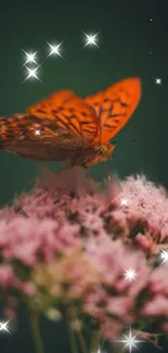 Orange butterfly resting on pink blossoms with twinkling stars around.