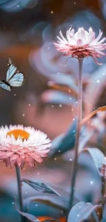 Butterfly resting on vibrant flowers, surrounded by pink and blue hues.