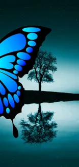 Ethereal butterfly with reflection on a serene blue lake.