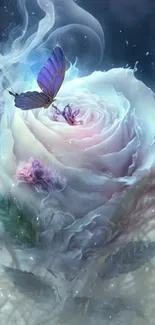 Delicate butterfly perched on a mystical white rose enveloped in ethereal mist.