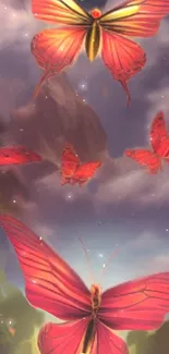 Ethereal red butterflies in a mystical sky, mobile wallpaper art.