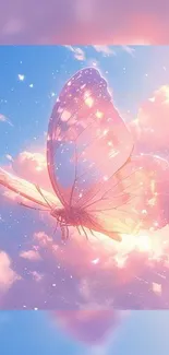 A dreamy pink butterfly soars through a colorful sky.