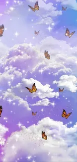 Ethereal wallpaper with butterflies in a purple sky.