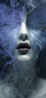 Mystical woman with smoke butterfly wings in blue shades.