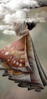 Fantasy artwork of a woman with butterfly wings hanging from a branch.