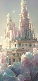 Ethereal castle amidst stunning crystal formations.