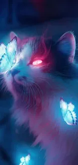 Mystical cat with glowing eyes and blue butterflies in dark ethereal setting.