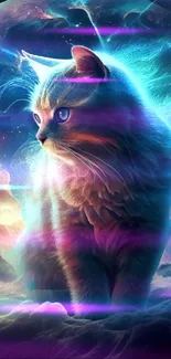 A glowing ethereal cat in a cosmic, starry setting with vibrant purple hues.