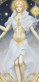 Celestial female figure with mystical symbols in an ethereal blue and gold setting.