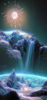 Ethereal landscape with moon and waterfalls glowing in teal light.