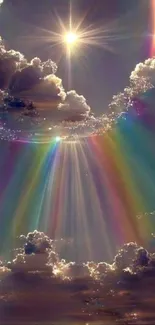 Ethereal wallpaper with celestial light and rainbow clouds.