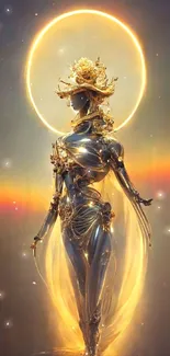 Futuristic silver sculpture with golden halo.