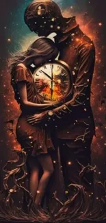 Mystical couple embracing a fiery clock, symbolizing timeless love.