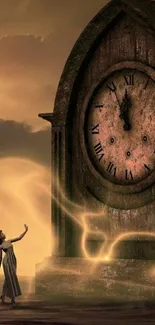 Fantasy clock tower with glowing golden light.