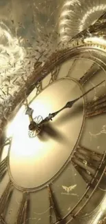 Ethereal clock on mobile wallpaper, golden tones.