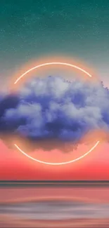 Dreamy cloud with neon circle over gradient sky and water.