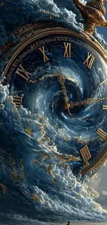 Surreal clock face in swirling clouds, creating a dreamlike scene.