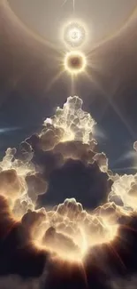 Ethereal cloudscape wallpaper with sunlit clouds and artistic light effects.