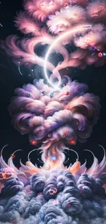 Ethereal cloudscape fantasy art with colorful swirls and cosmic night sky.