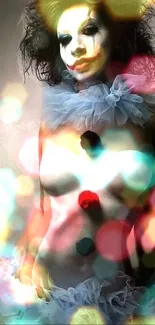 Ethereal clown with bokeh effect in vibrant colors on mobile wallpaper.