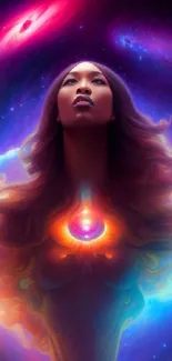 Ethereal cosmic art with colorful nebula and mystical female silhouette.