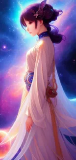 Elegant woman in cosmic backdrop with vibrant blue and purple hues.