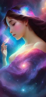 Ethereal figure in space with colorful nebula clouds and cosmic elements.