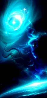 Ethereal cosmic blue swirl in space with bright celestial patterns.