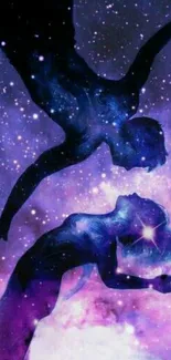 Silhouettes of dancers in a cosmic galaxy with starry purple hues.