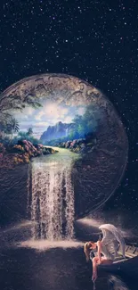 Ethereal cosmic dreamscape with waterfall and starry sky.