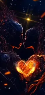 Two abstract figures in a cosmic embrace with a glowing heart.