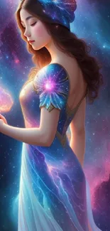 A mystical woman in a cosmic-themed dress holds a glowing object against a starry backdrop.