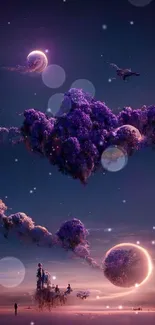 Ethereal cosmic fantasy wallpaper with purple clouds and planets.