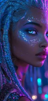 Ethereal cosmic glow of futuristic goddess with vivid colors.