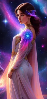 Ethereal goddess in cosmic nebula wallpaper.