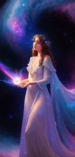 Ethereal cosmic goddess surrounded by vibrant galaxies on mobile wallpaper.