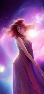 Ethereal cosmic goddess with vibrant nebula background.