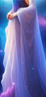 Ethereal cosmic goddess with celestial hues on a starry background.