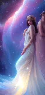 Ethereal fantasy art of celestial figures in a cosmic nebula backdrop.