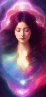 Ethereal woman in galaxy-themed vibrant artwork.