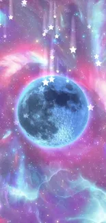 Celestial wallpaper with moon and nebula in purple hues.