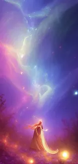 Ethereal cosmic night sky wallpaper with vibrant purple and blue hues.