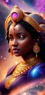 Ethereal cosmic portrait of a regal figure with a purple and gold color scheme.