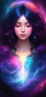 A serene figure surrounded by vibrant cosmic clouds in a galaxy-themed wallpaper.