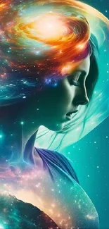 Ethereal cosmic portrait with vibrant colors and a galaxy theme.