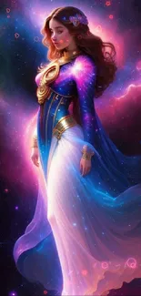 Ethereal cosmic princess with vibrant nebula hues in a fantasy setting.