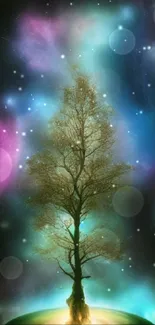 Ethereal tree with cosmic nebula in background.