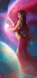 Ethereal woman in vibrant cosmic setting.